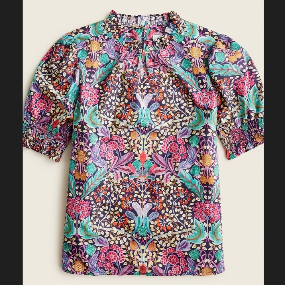 J. Crew Liberty Art Fabrics Puff Sleeve Top Elm House Floral Cotton Poplin